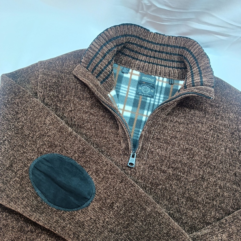 Buffalo David Bitton Mens XL Brown Chenille 1/4 Zip Sweater Elbow Patches Lined